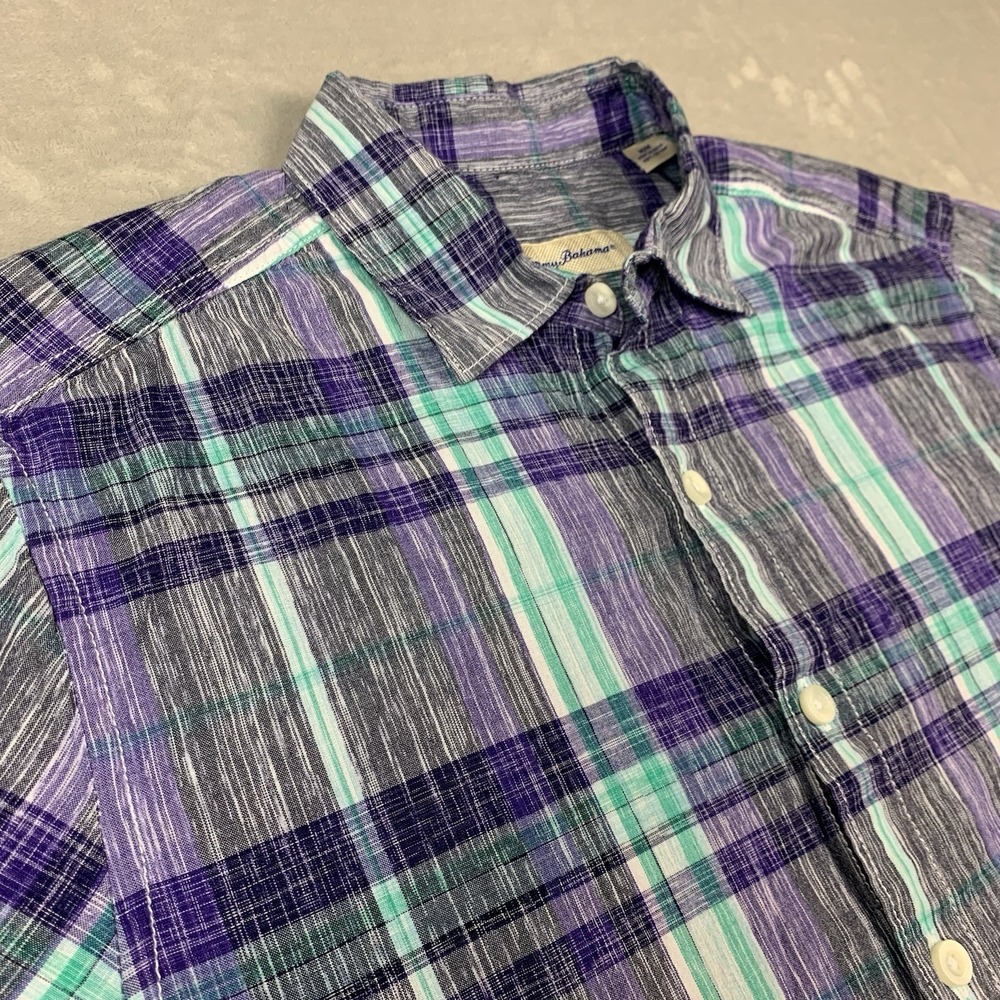 Tommy Bahama Shirt Men Medium Plaid Short Sleeve Button Up Casual Beach Vacation